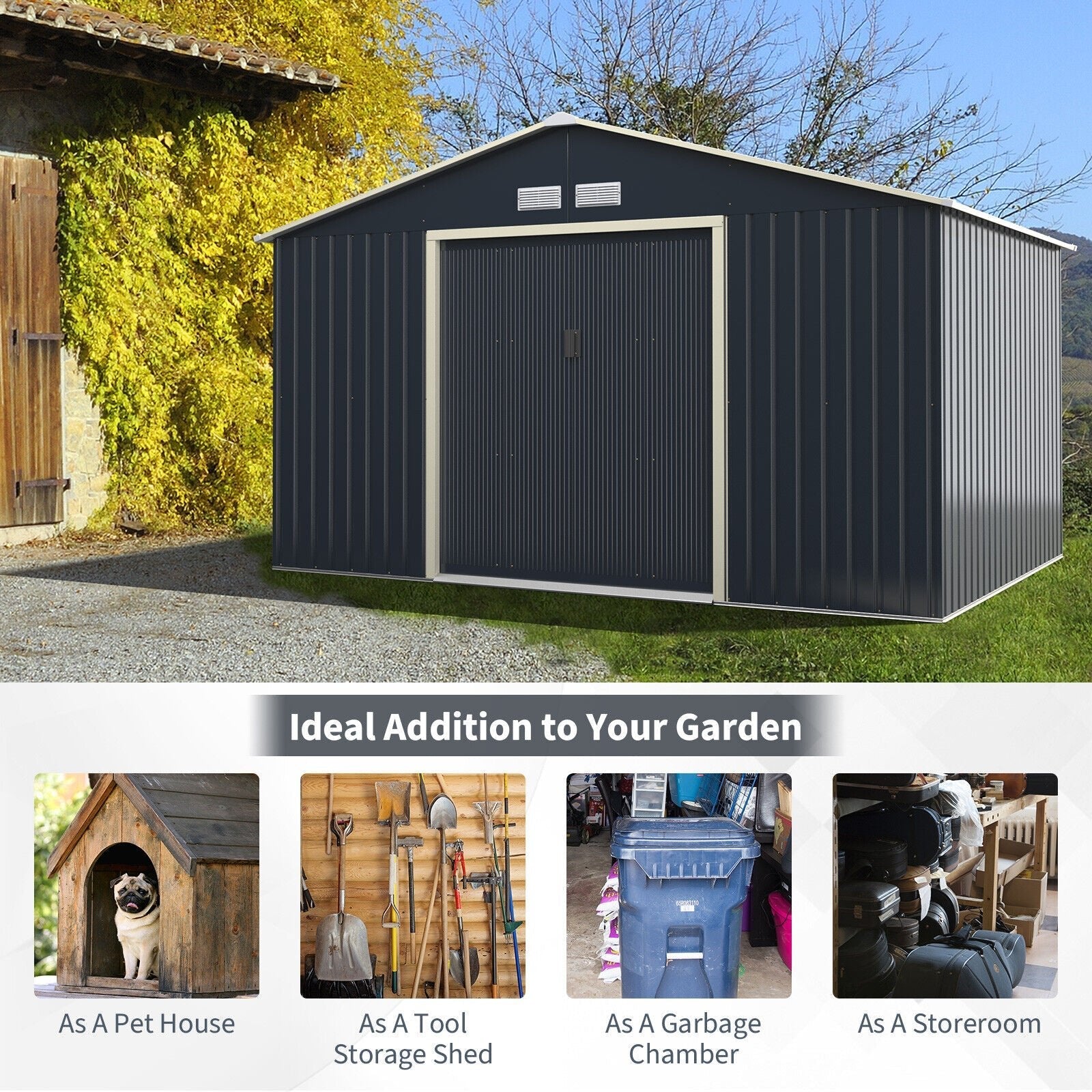 Large Outdoor Metal Storage Backyard Shed W/ Lockable Sliding Doors, 11' x 8' (93064172)