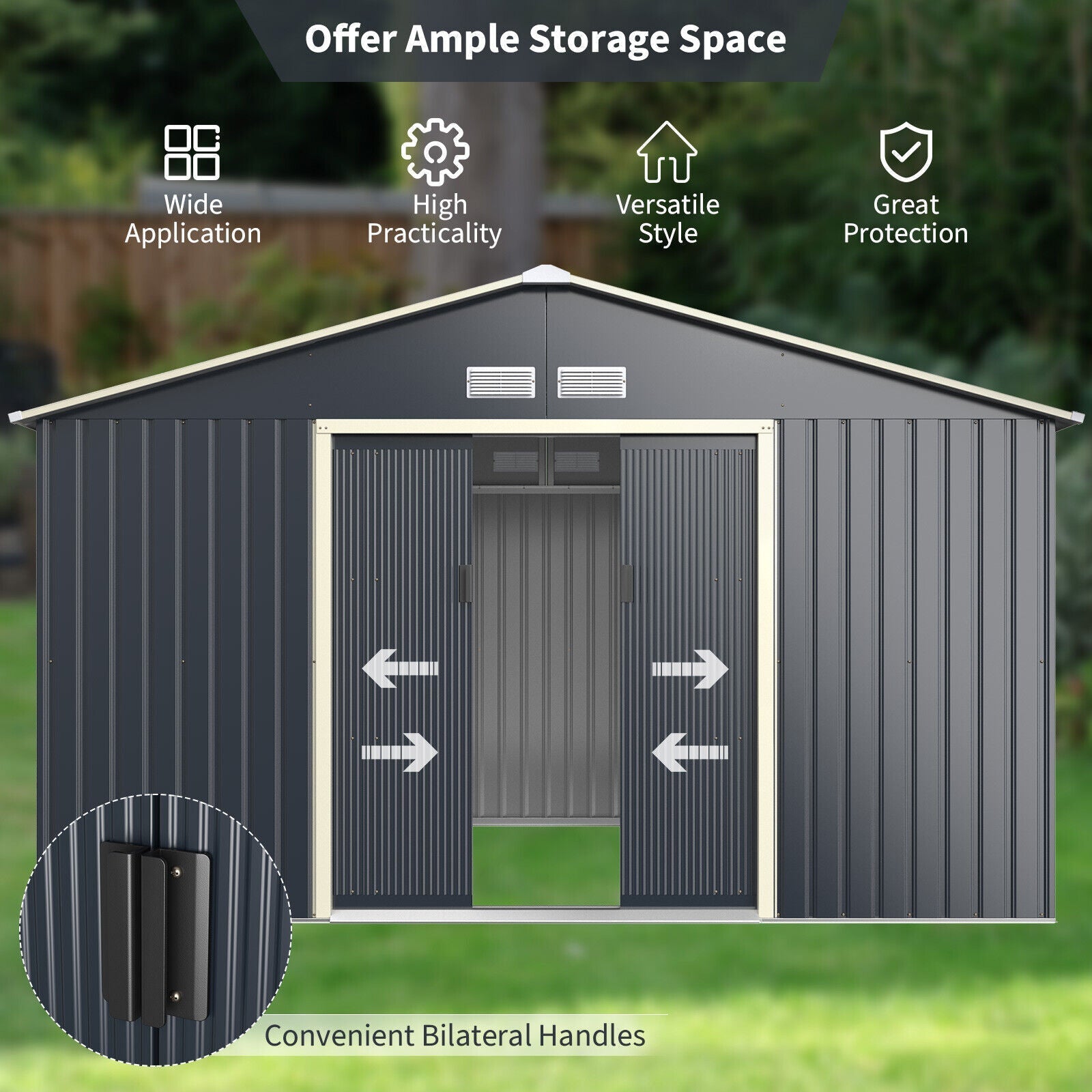 Large Outdoor Metal Storage Backyard Shed W/ Lockable Sliding Doors, 11' x 8' (93064172)