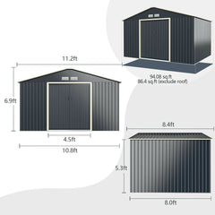 Large Outdoor Metal Storage Backyard Shed W/ Lockable Sliding Doors, 11' x 8' (93064172)