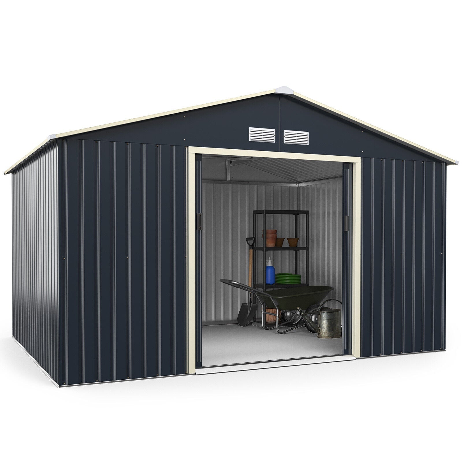 Large Outdoor Metal Storage Backyard Shed W/ Lockable Sliding Doors, 11' x 8' (93064172)