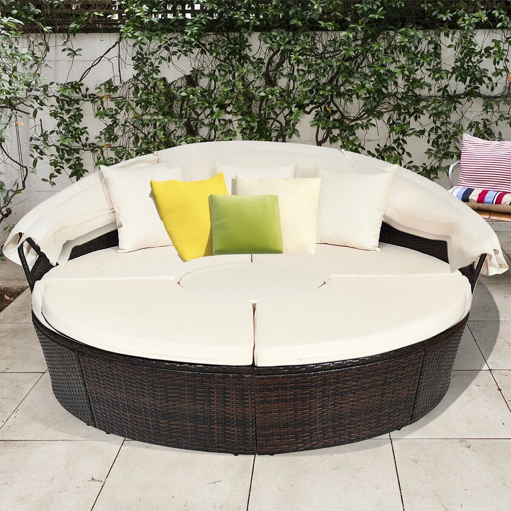 Large Outdoor Patio Rattan Daybed Sofa W/ Adjustable Table Top, Canopy & 3 Pillows, 76" (91254763)