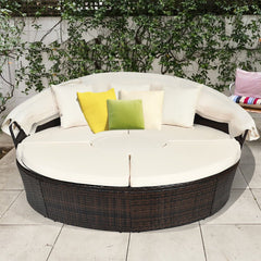 Large Outdoor Patio Rattan Daybed Sofa W/ Adjustable Table Top, Canopy & 3 Pillows, 76" (91254763)