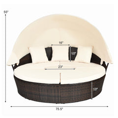 Large Outdoor Patio Rattan Daybed Sofa W/ Adjustable Table Top, Canopy & 3 Pillows, 76" (91254763)