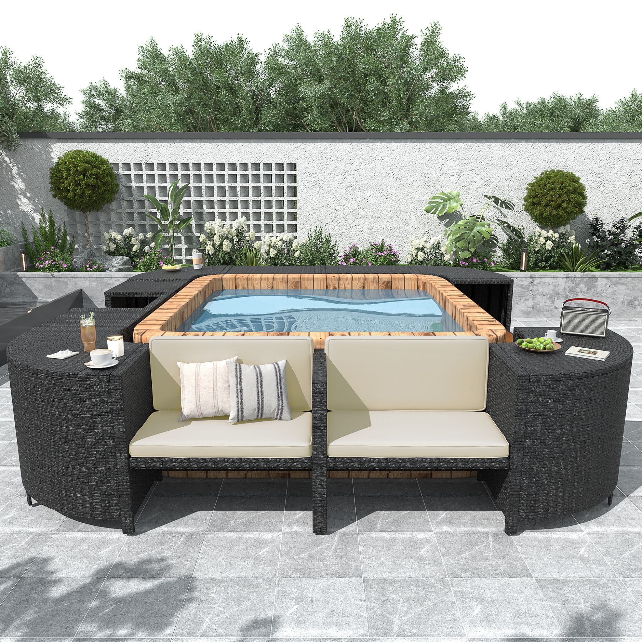 Large Outdoor Quadrilateral Spa Surround Rattan Sectional Sofa Set With Storage Compartments (SAK80217)