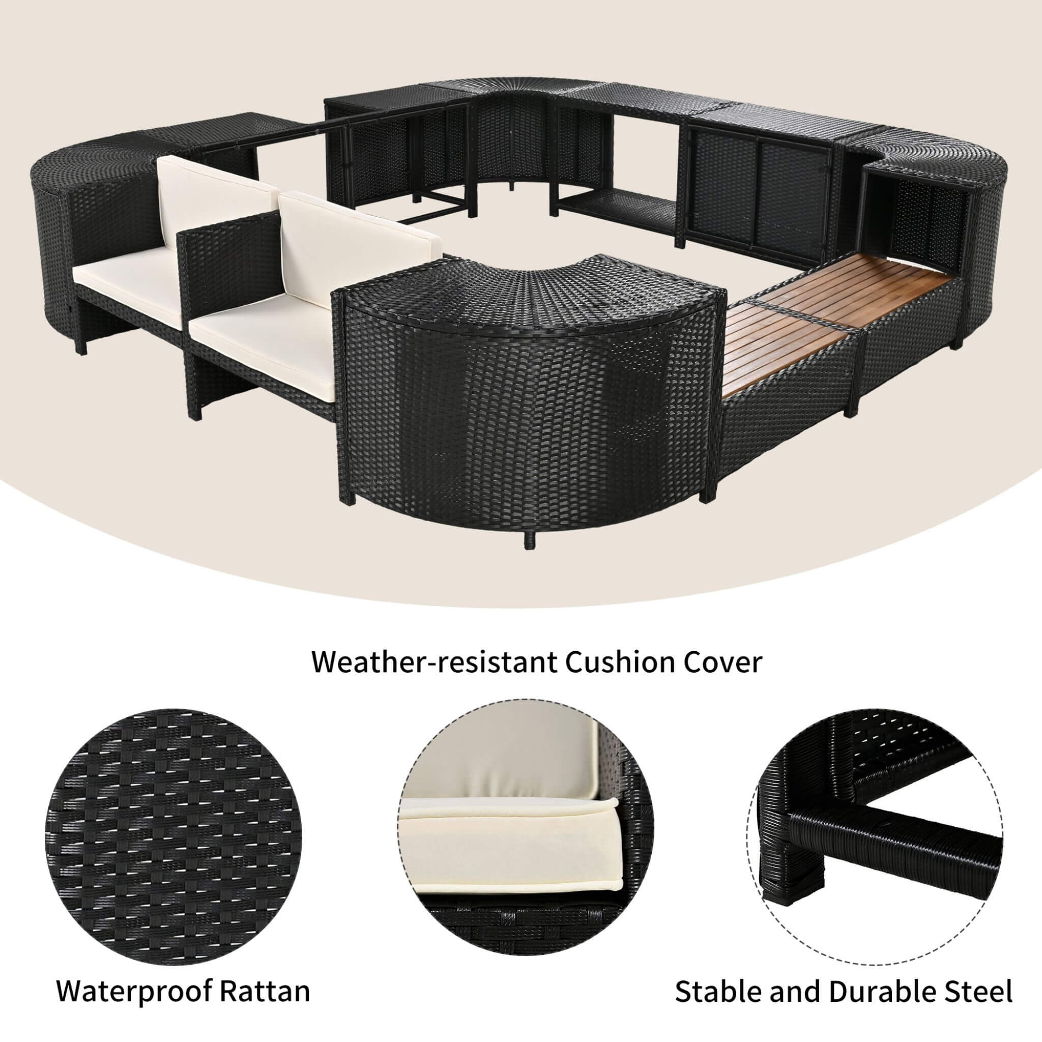 Large Outdoor Quadrilateral Spa Surround Rattan Sectional Sofa Set With Storage Compartments (SAK80217)