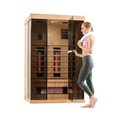 Luxury 2-Person Low EMF FAR Infrared Heat Wood Home Personal Spa Sauna W/ Panoramic Tempered Glass, 2000W (SAK27481)