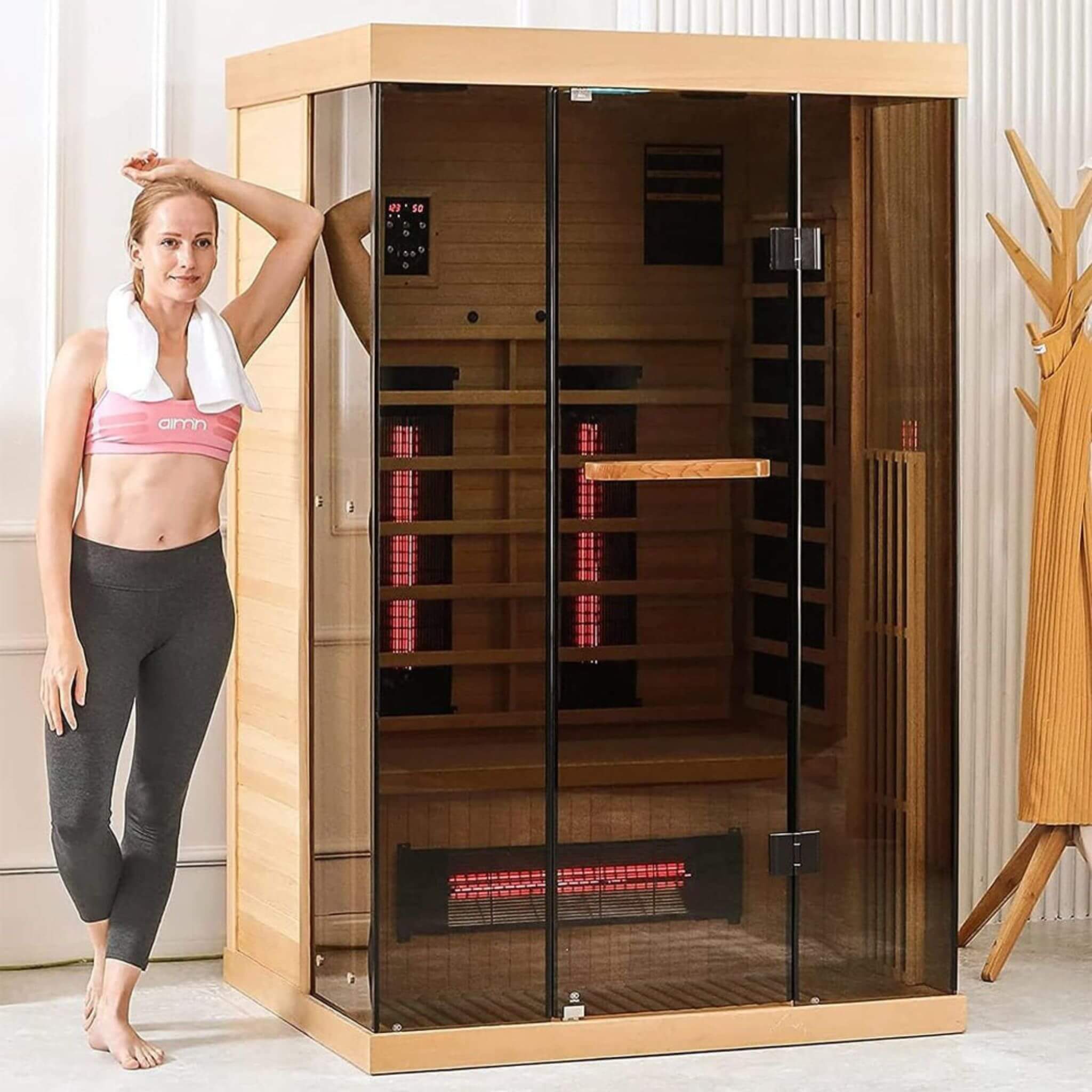 Luxury 2-Person Low EMF FAR Infrared Heat Wood Home Personal Spa Sauna W/ Panoramic Tempered Glass, 2000W (SAK27481)