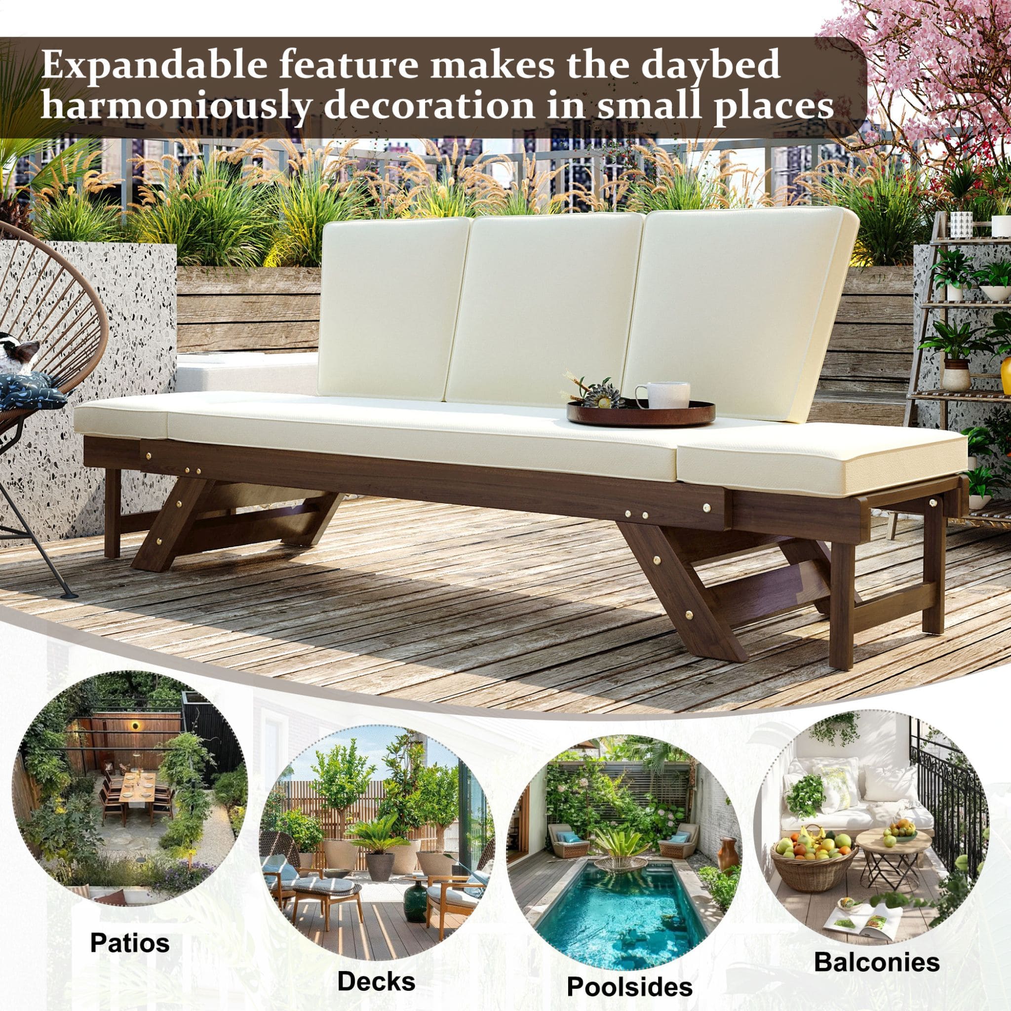 Outdoor Adjustable Wooden Patio Daybed Sofa With Cushions (SAK41345)