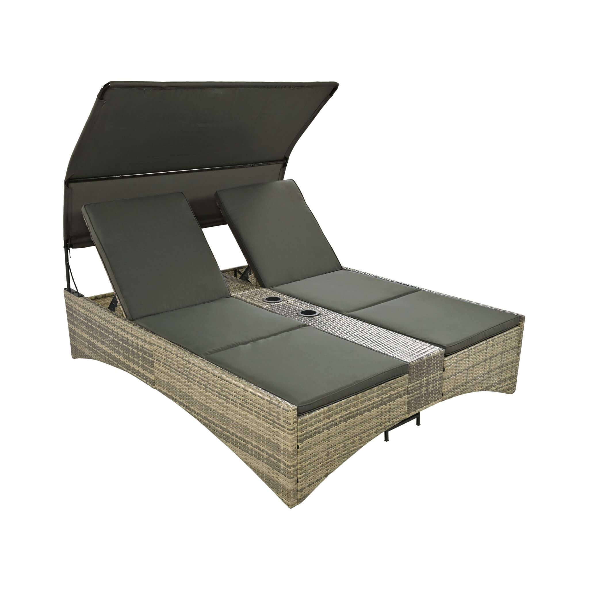 Outdoor Rattan Patio Daybed With Adjustable Backrest, Canopy Roof, Storage Box And Cup Holders (SAK54220)