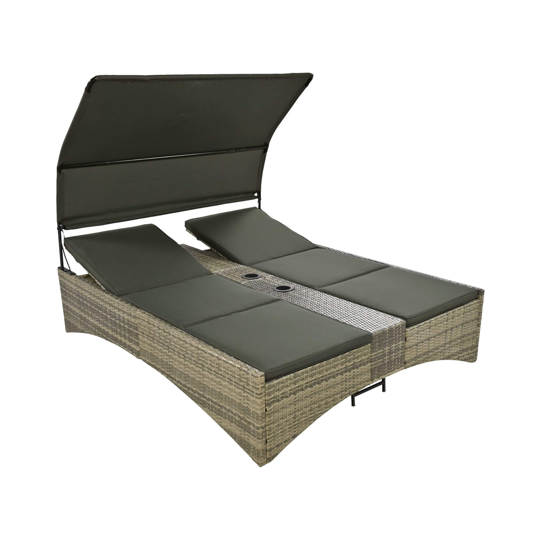Outdoor Rattan Patio Daybed With Adjustable Backrest, Canopy Roof, Storage Box And Cup Holders (SAK54220)