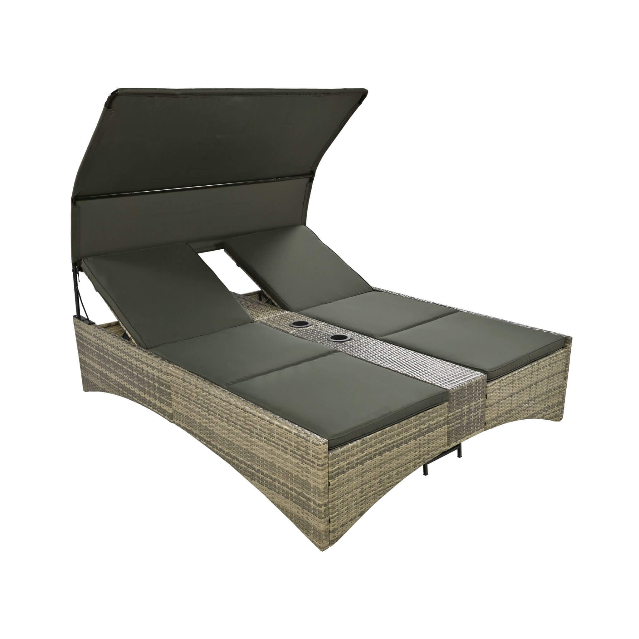 Outdoor Rattan Patio Daybed With Adjustable Backrest, Canopy Roof, Storage Box And Cup Holders (SAK54220)