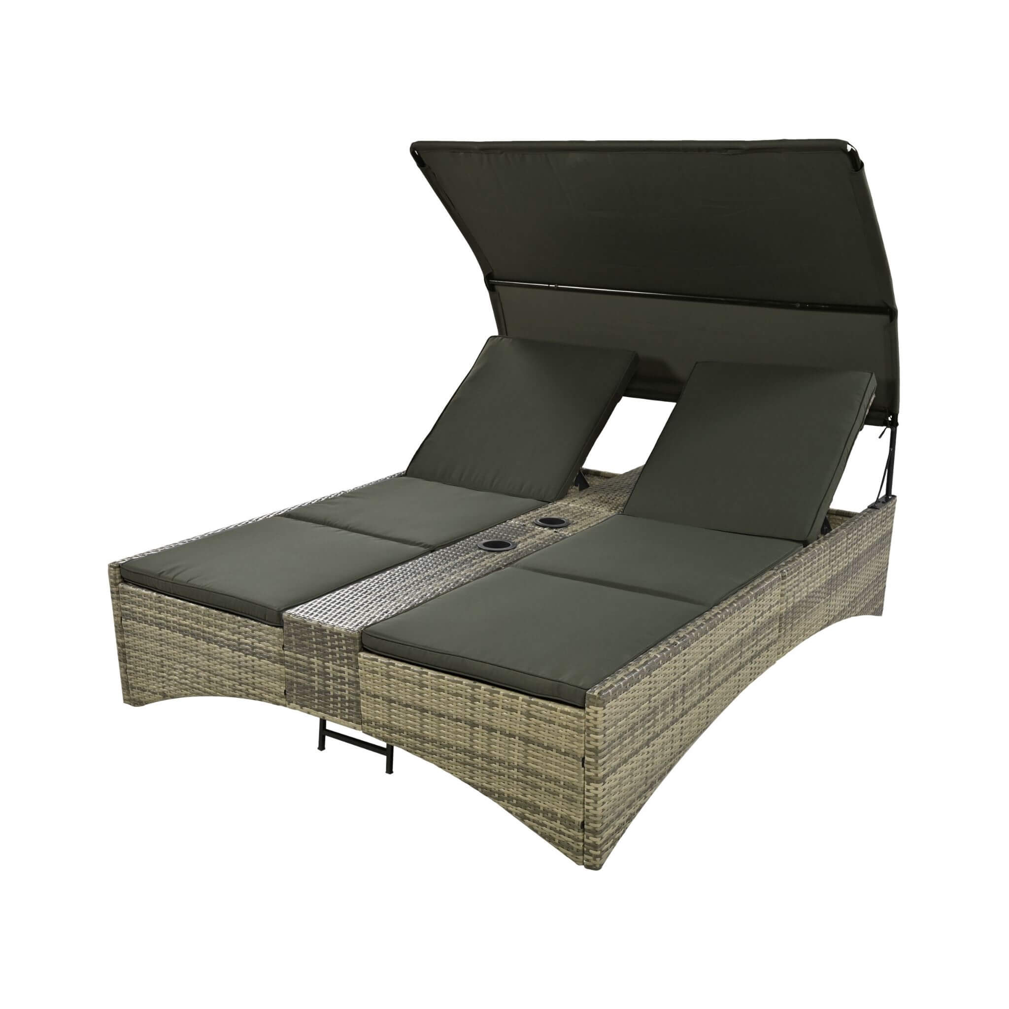 Outdoor Rattan Patio Daybed With Adjustable Backrest, Canopy Roof, Storage Box And Cup Holders (SAK54220)
