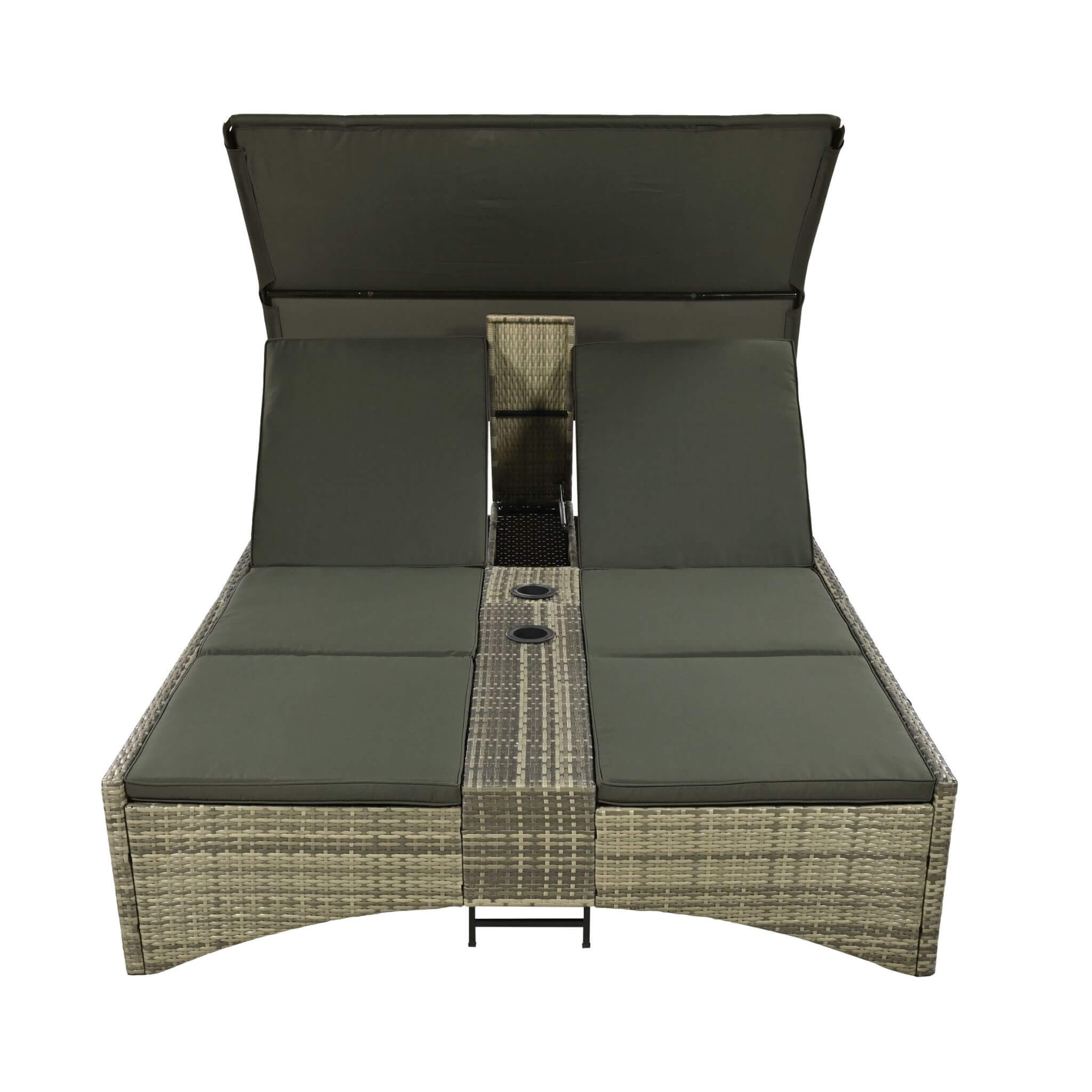 Outdoor Rattan Patio Daybed With Adjustable Backrest, Canopy Roof, Storage Box And Cup Holders (SAK54220)