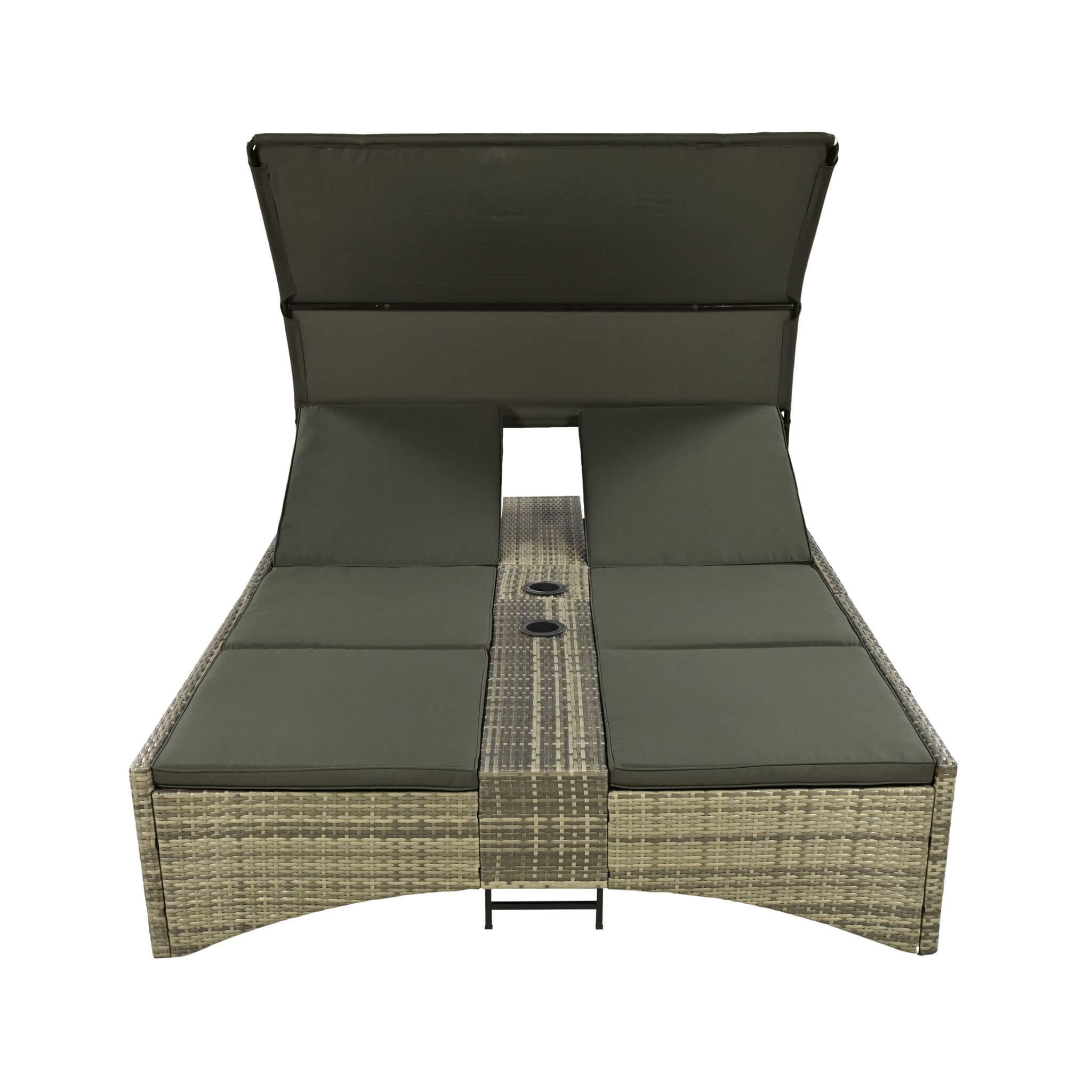 Outdoor Rattan Patio Daybed With Adjustable Backrest, Canopy Roof, Storage Box And Cup Holders (SAK54220)