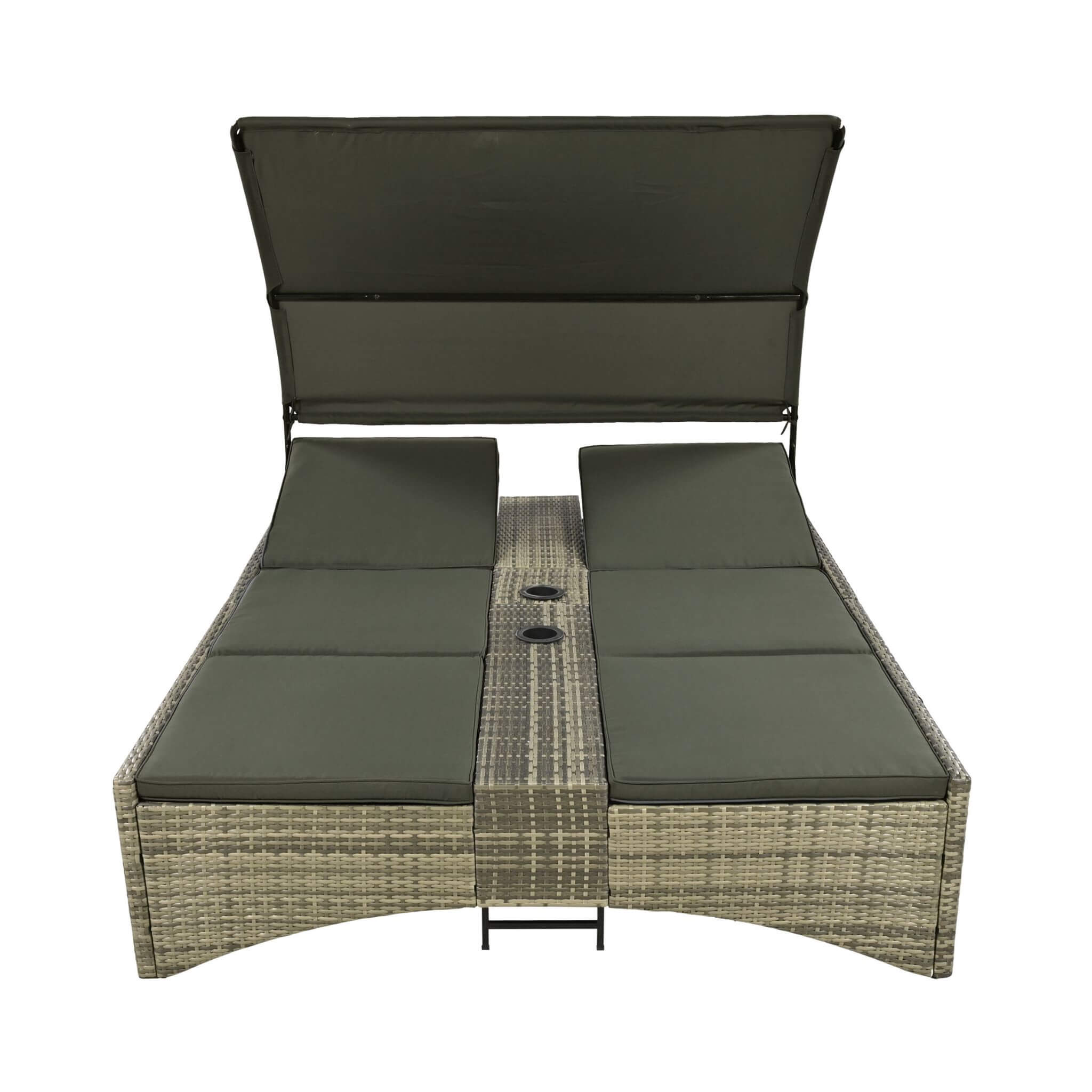 Outdoor Rattan Patio Daybed With Adjustable Backrest, Canopy Roof, Storage Box And Cup Holders (SAK54220)