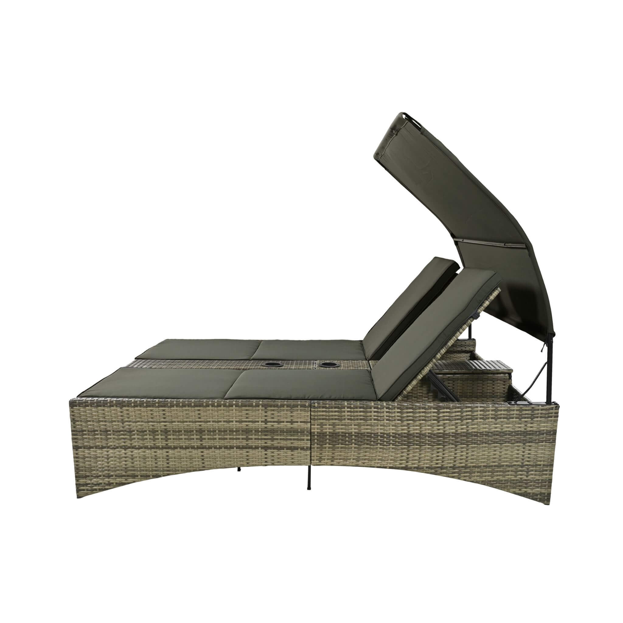 Outdoor Rattan Patio Daybed With Adjustable Backrest, Canopy Roof, Storage Box And Cup Holders (SAK54220)