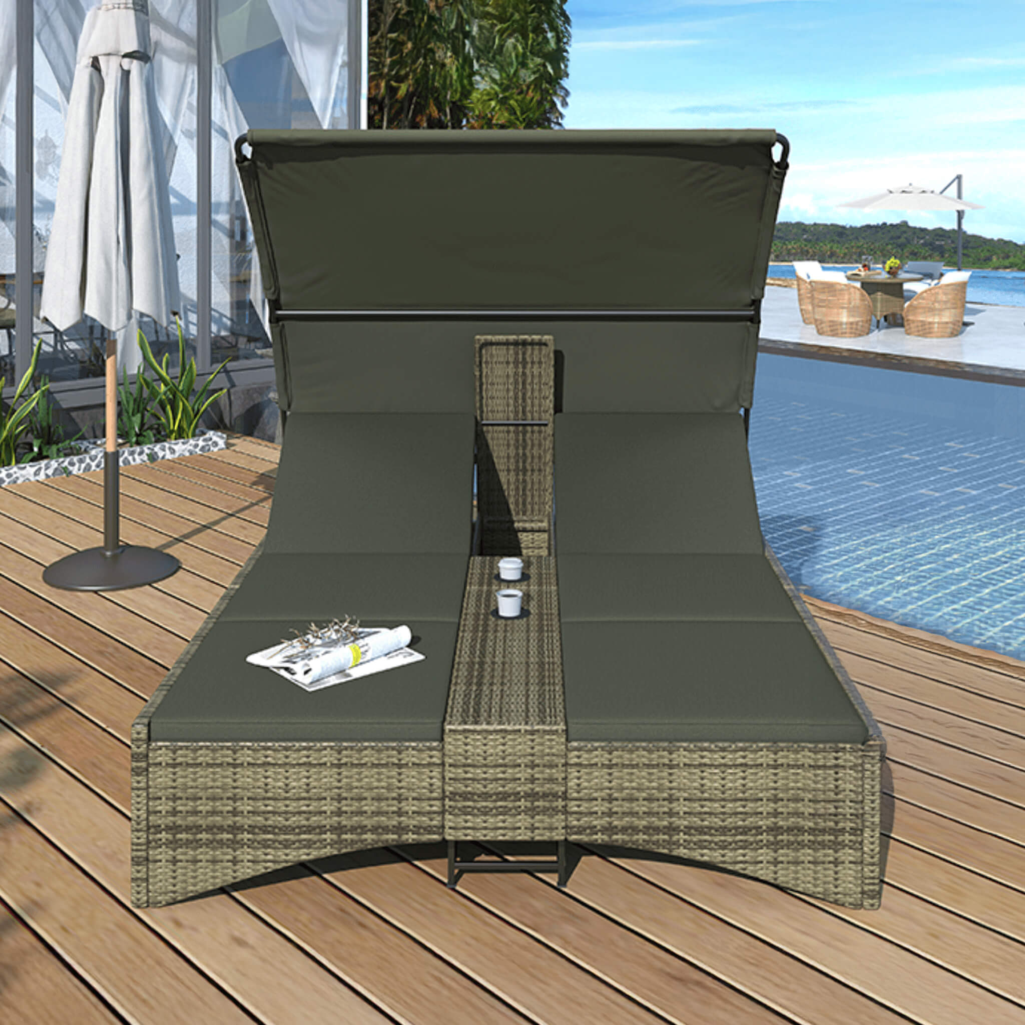 Outdoor Rattan Patio Daybed With Adjustable Backrest, Canopy Roof, Storage Box And Cup Holders (SAK54220)