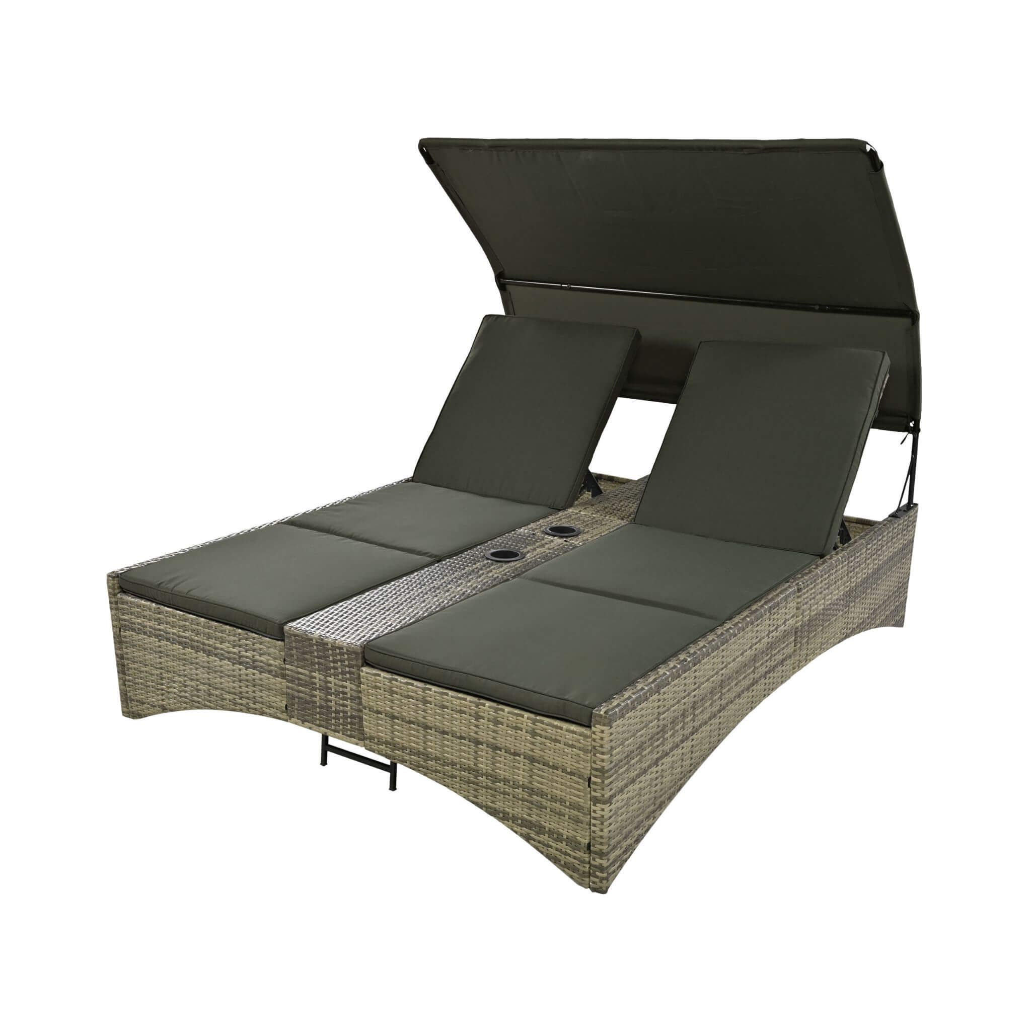 Outdoor Rattan Patio Daybed With Adjustable Backrest, Canopy Roof, Storage Box And Cup Holders (SAK54220)