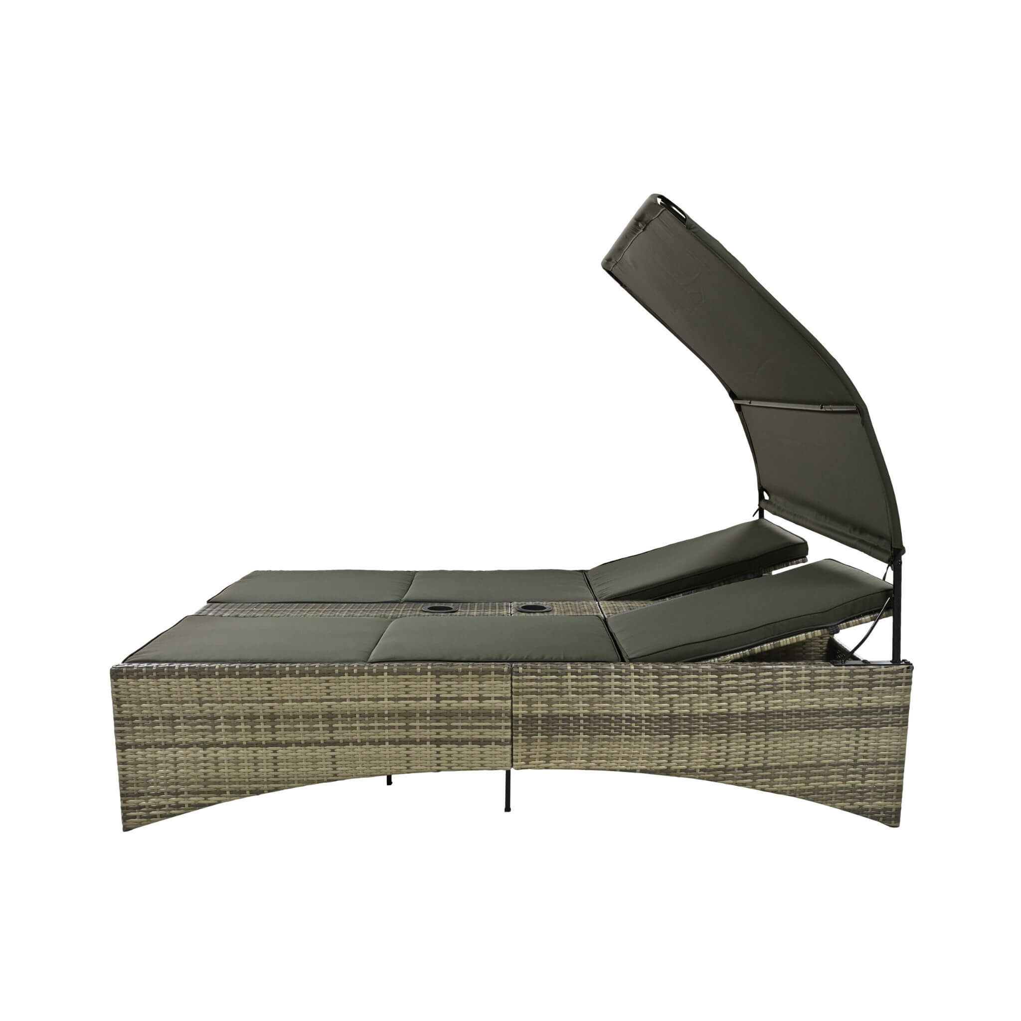 Outdoor Rattan Patio Daybed With Adjustable Backrest, Canopy Roof, Storage Box And Cup Holders (SAK54220)