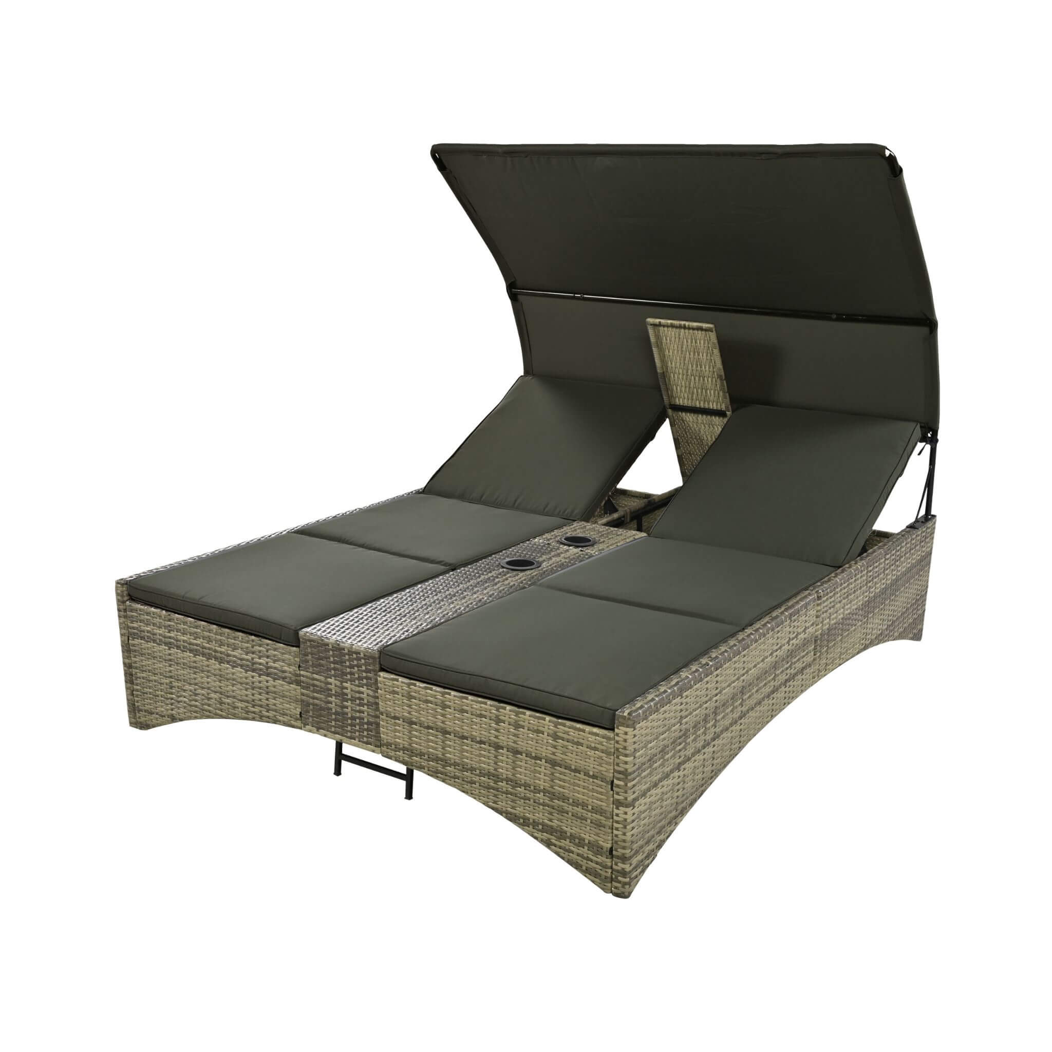 Outdoor Rattan Patio Daybed With Adjustable Backrest, Canopy Roof, Storage Box And Cup Holders (SAK54220)