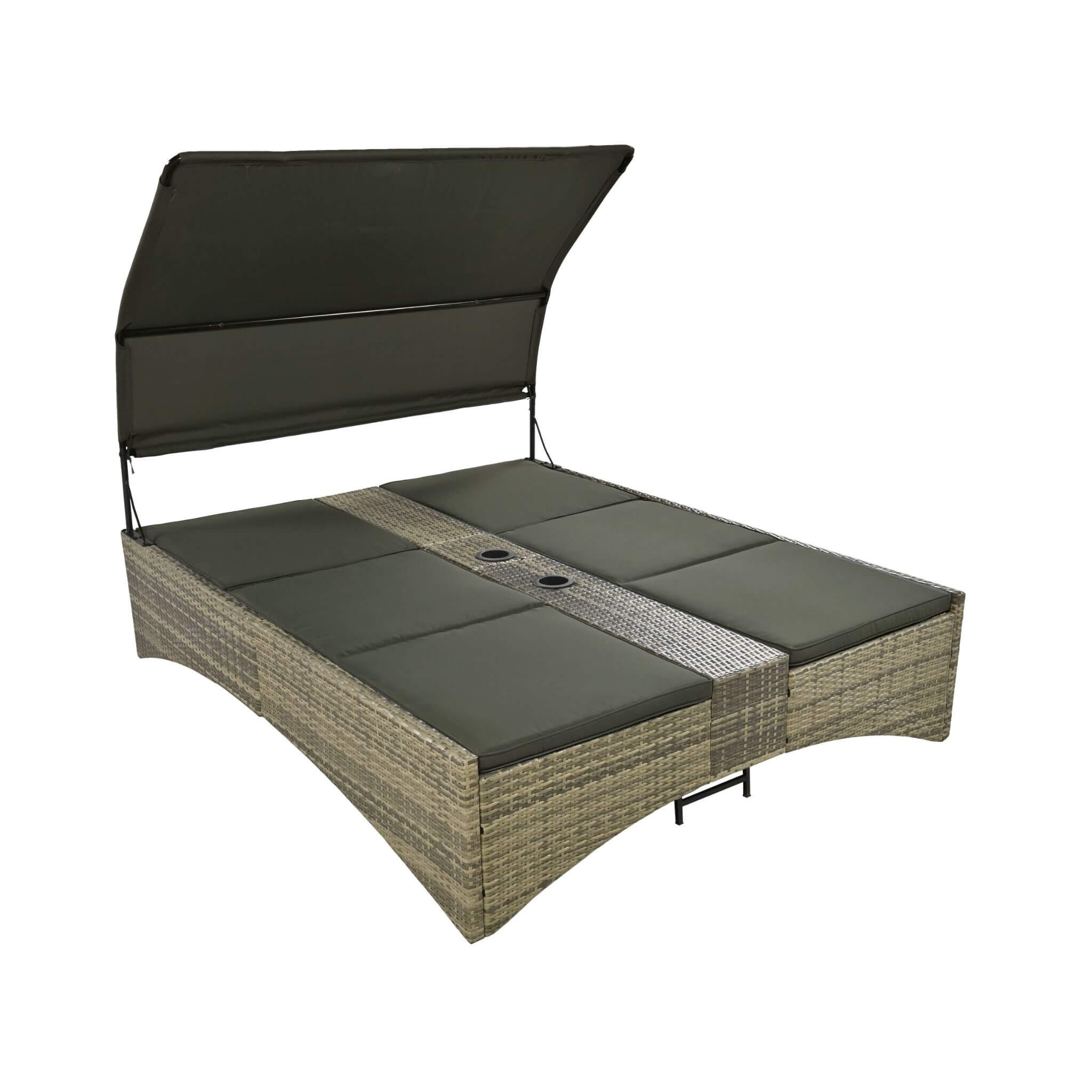 Outdoor Rattan Patio Daybed With Adjustable Backrest, Canopy Roof, Storage Box And Cup Holders (SAK54220)