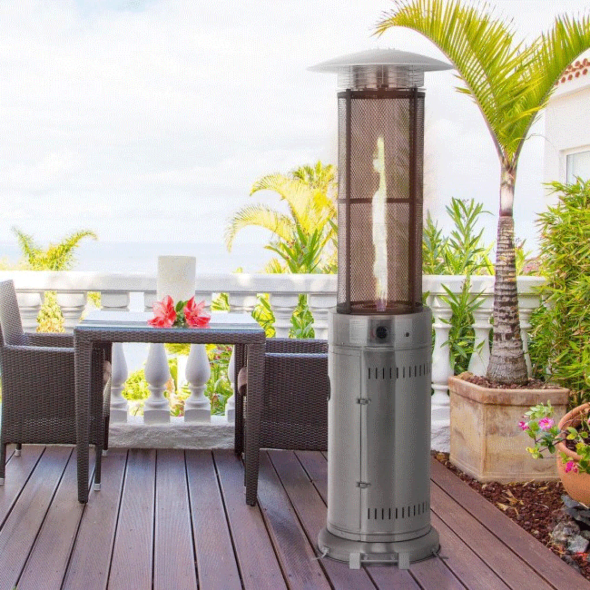 Portable Cylindrical Freestanding Outdoor Round Glass Tube Propane Patio Heater, 41K BTU (SAK93913)