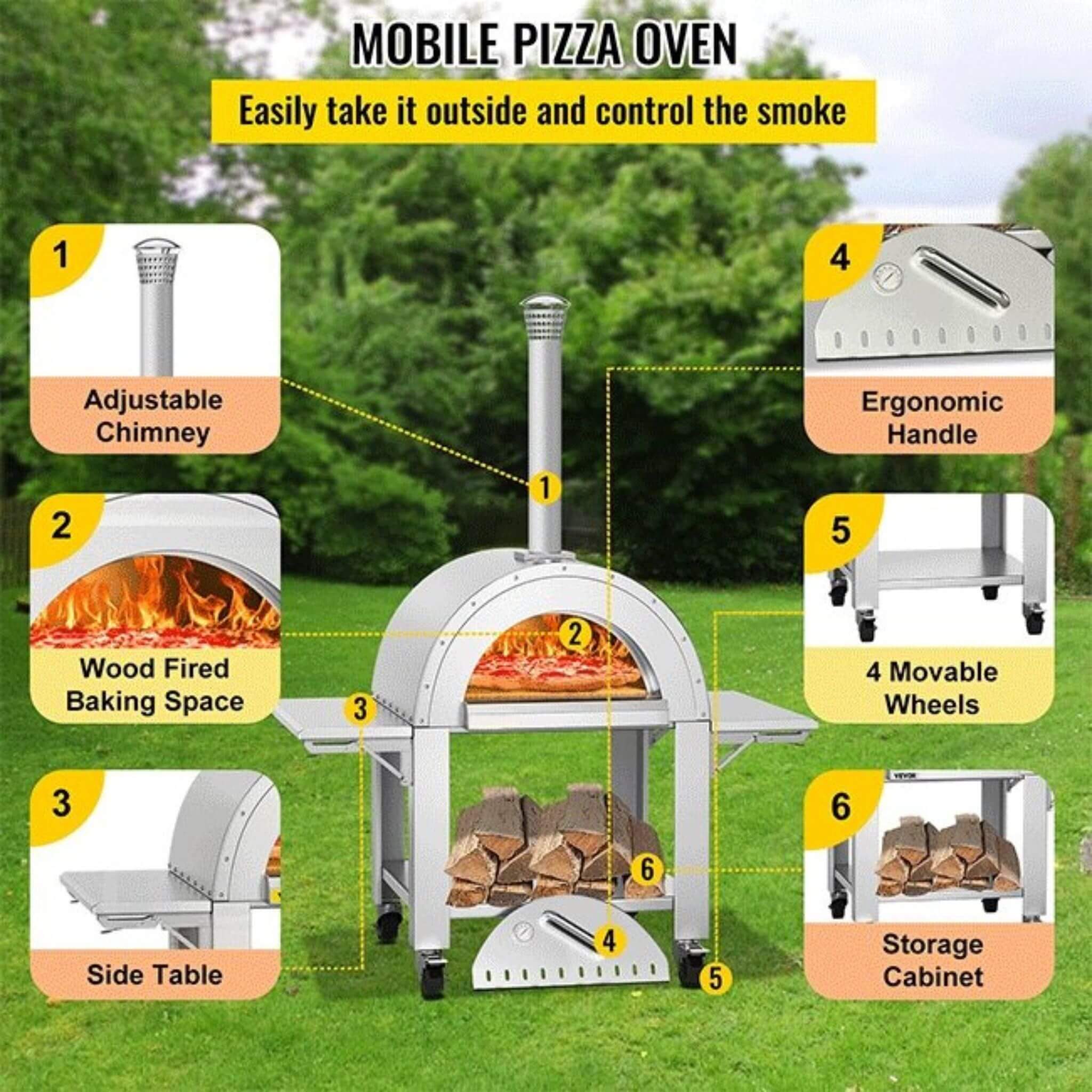 Portable Outdoor Stainless Steel Wood Fired Pizza Oven, 46'' (SAK46584)
