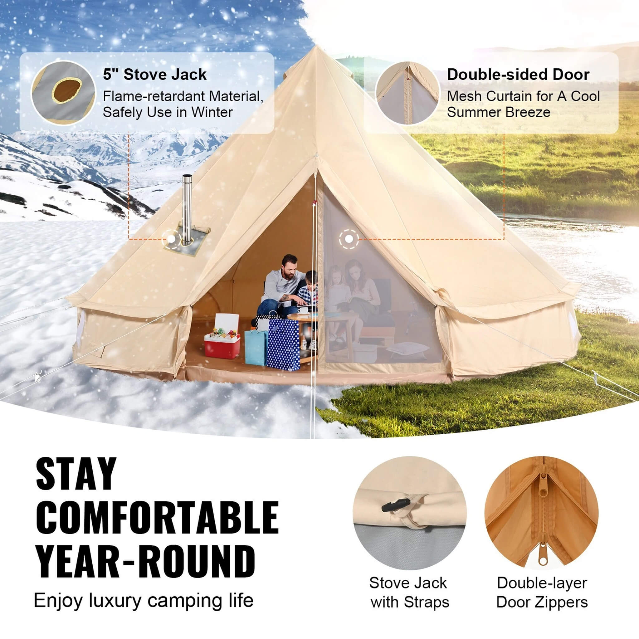 Premium 4-Season Camping Canvas Bell Yurt Tent With Stove Jack (SAK47589)