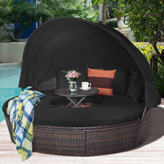 Premium Black Outdoor Patio Rattan Daybed Sofa W/ Adjustable Table Top, Canopy & 3 Pillows, 76'' (92534186)