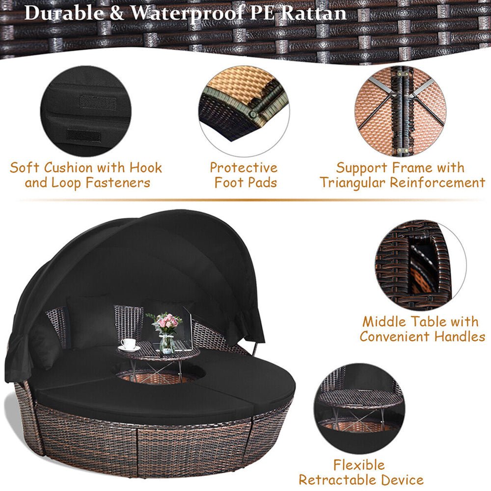 Premium Black Outdoor Patio Rattan Daybed Sofa W/ Adjustable Table Top, Canopy & 3 Pillows, 76'' (92534186)