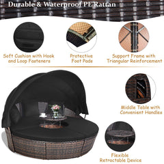 Premium Black Outdoor Patio Rattan Daybed Sofa W/ Adjustable Table Top, Canopy & 3 Pillows, 76'' (92534186)