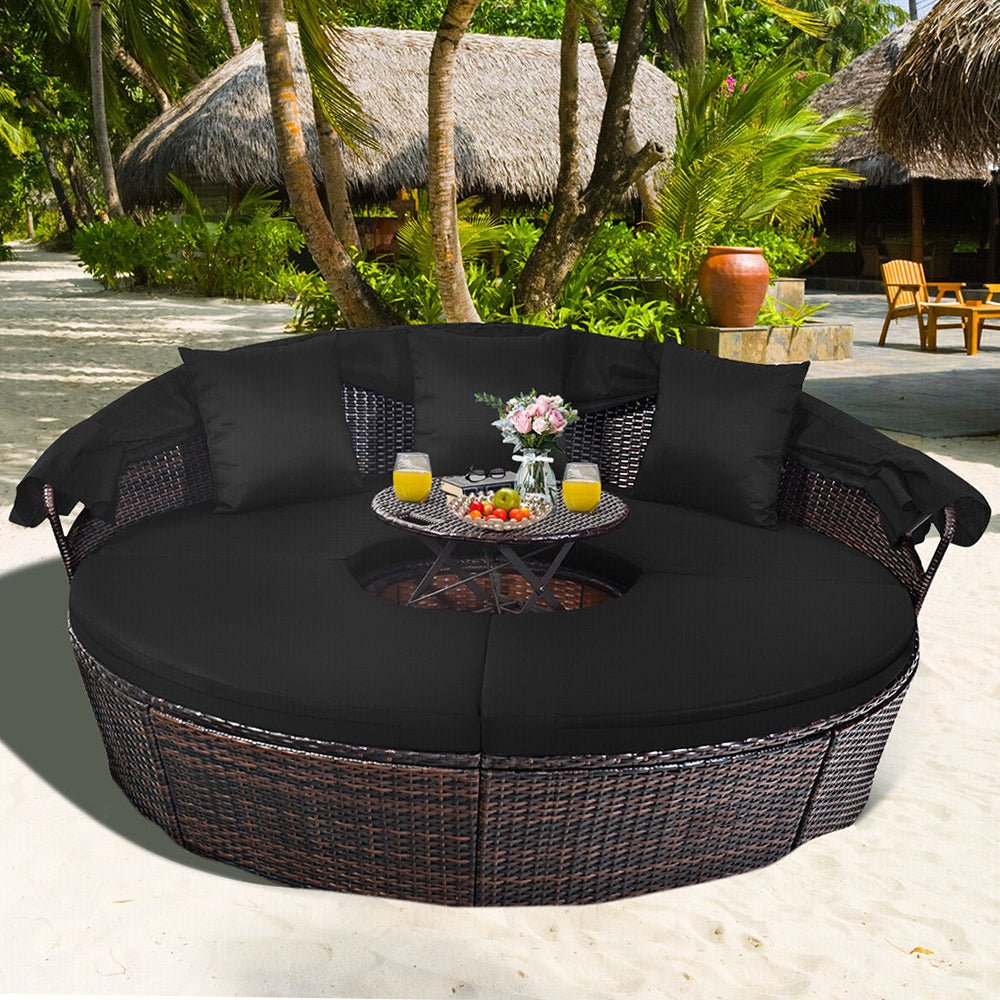 Premium Black Outdoor Patio Rattan Daybed Sofa W/ Adjustable Table Top, Canopy & 3 Pillows, 76'' (92534186)
