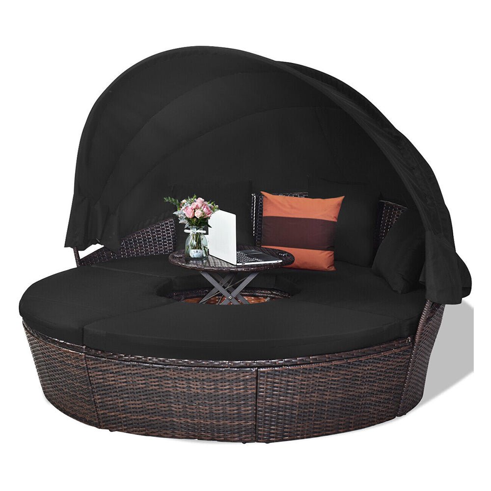 Premium Black Outdoor Patio Rattan Daybed Sofa W/ Adjustable Table Top, Canopy & 3 Pillows, 76'' (92534186)