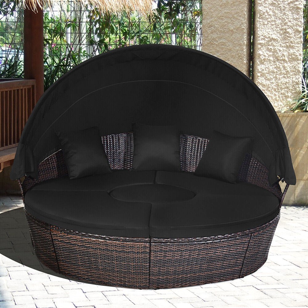 Premium Black Outdoor Patio Rattan Daybed Sofa W/ Adjustable Table Top, Canopy & 3 Pillows, 76'' (92534186)