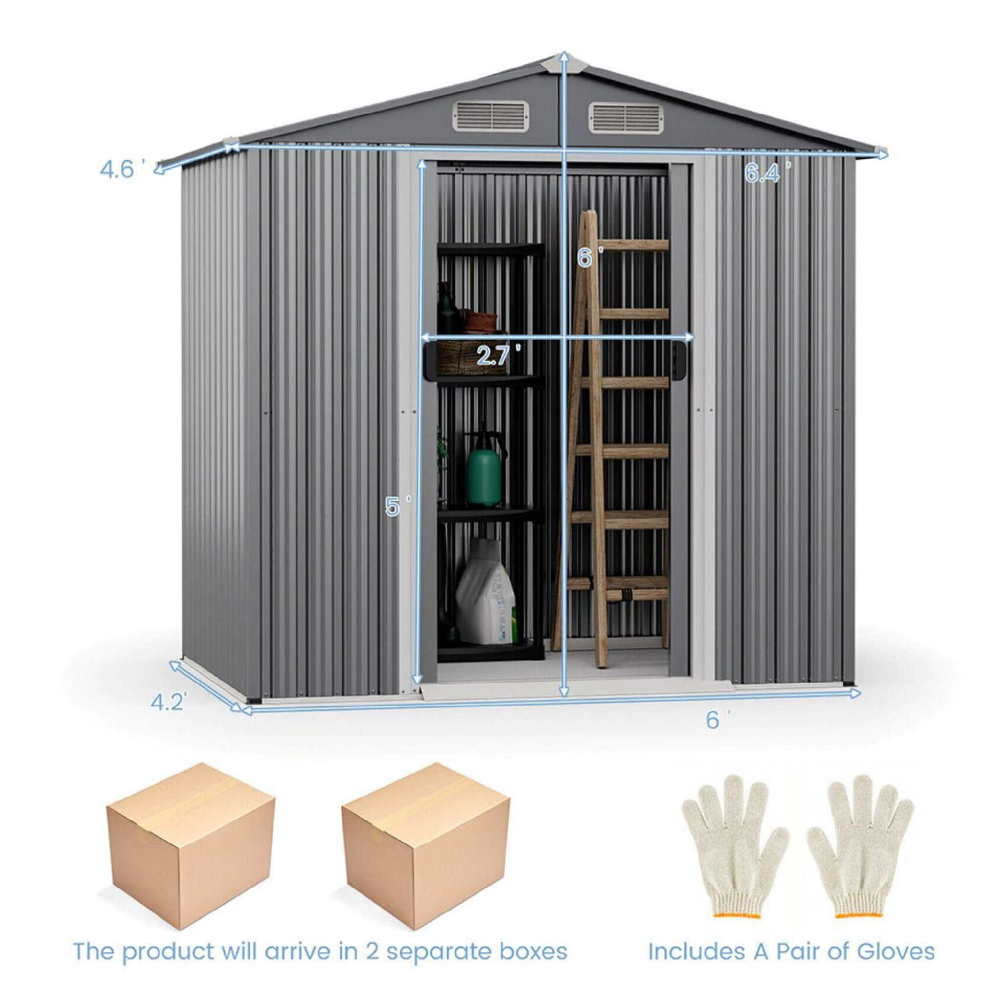 Premium Garden Galvanized Steel Storage Shed W/ Lockable Sliding Doors, 6x4' (SAK75842)