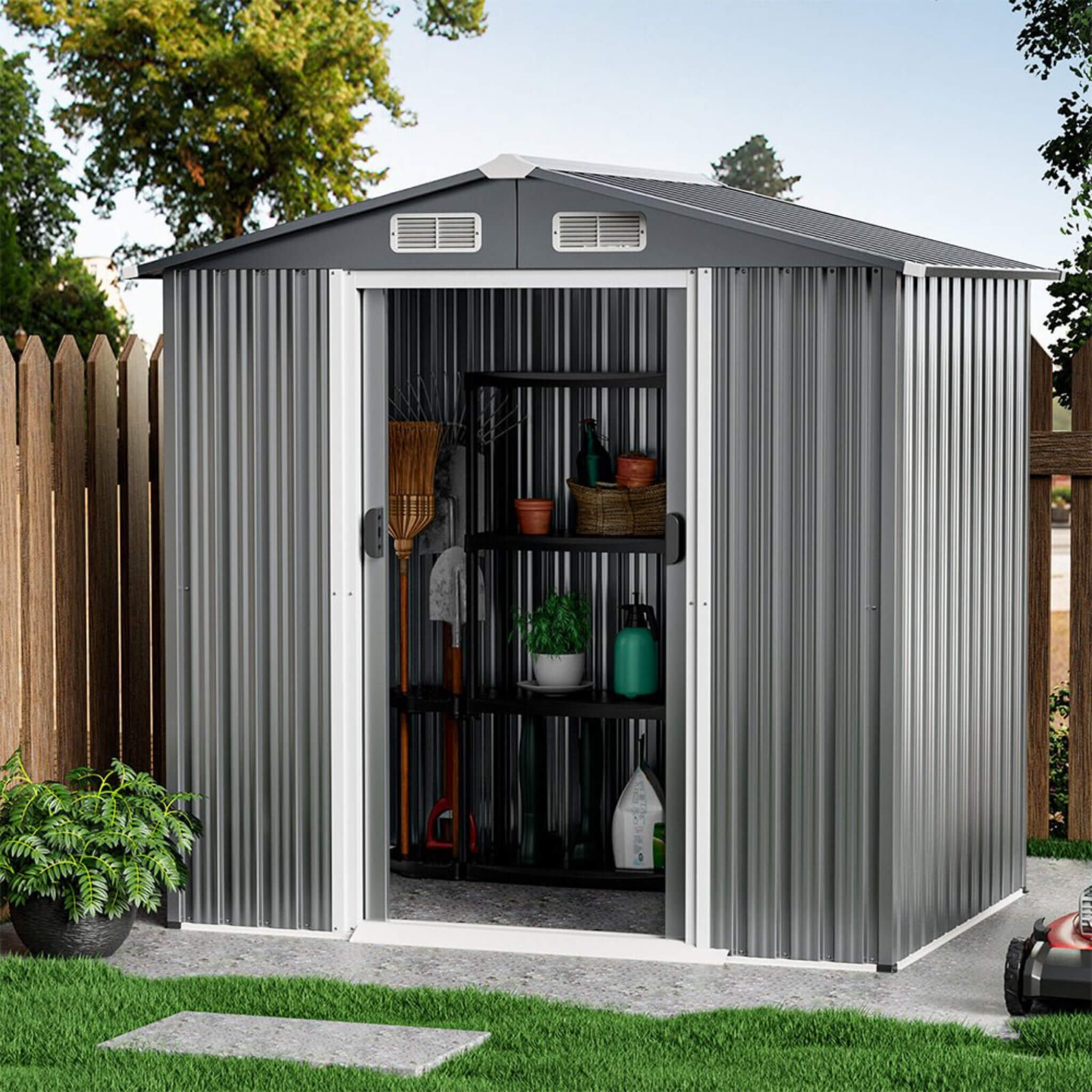 Premium Garden Galvanized Steel Storage Shed W/ Lockable Sliding Doors, 6x4' (SAK75842)