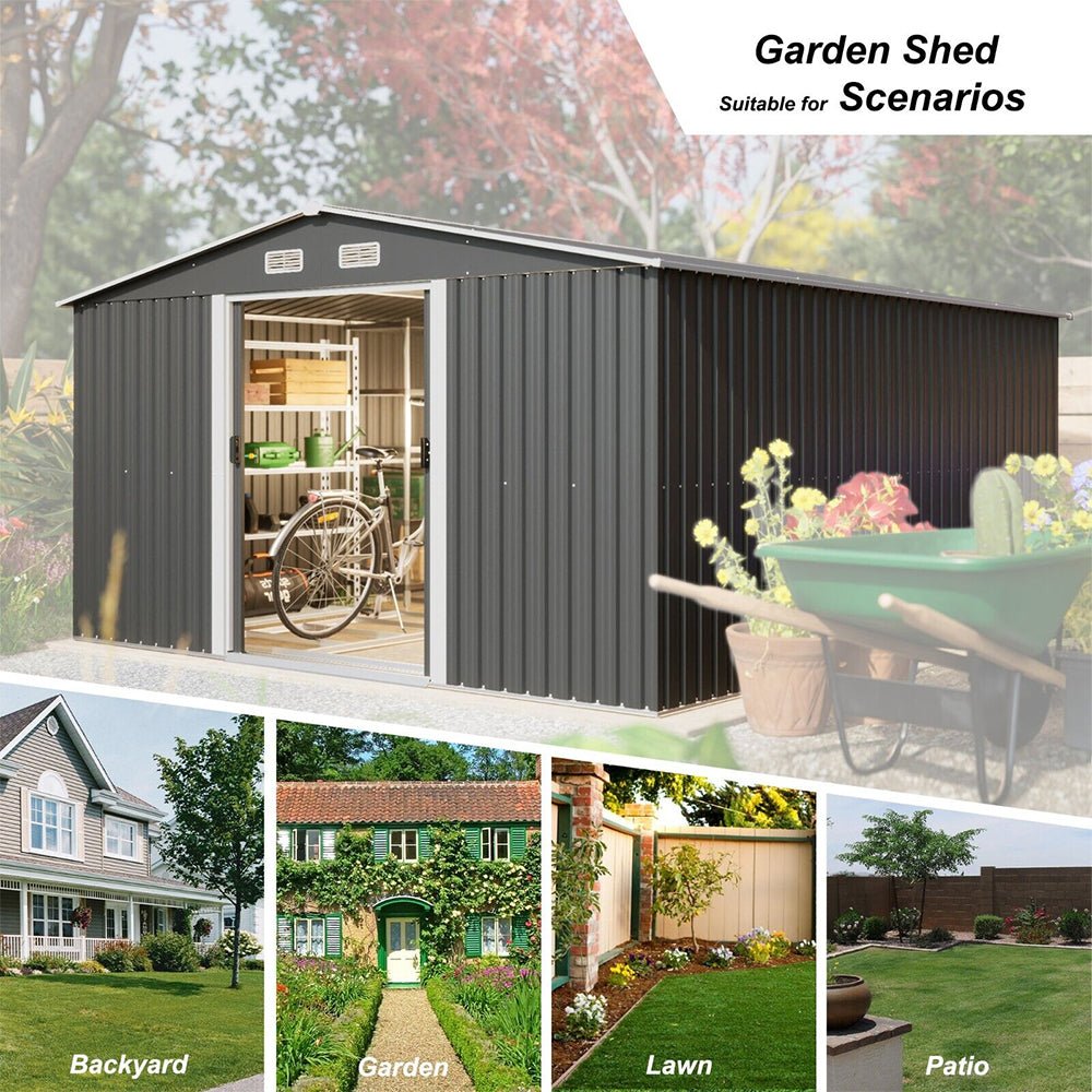 Premium Outdoor Galvanized Steel Backyard Storage Shed W/ Dual Lockable Sliding Doors, 11x13' (95382641)