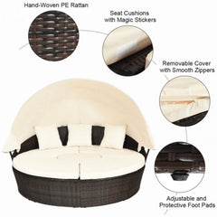Premium Round Outdoor Patio Rattan Daybed W/ Canopy & Table, 76" (SAK96418)