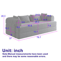 78.7-Inch Convertible Sleeper Sofa Bed with Cylindrical Pillow, Chenille Folding Mattress Couch with ,Folding Sofa Bed with Side Pocket, Floor Sofa Lounge Couch for Living Room Bedroom Lounge Studio