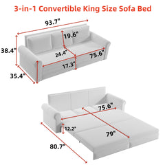 93.7 ' King Pull Out Sofa Bed, 3-in-1 Velvet Convertible Sleeper Sofa with Nailhead Trim & Rolled Arm, Multi-Functional Sofa Bed for Living Room,Bedroom,Apartment,Office,Green
