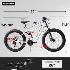 A26309 26 inch Mountain Bike,Full-Suspension 21 Speeds Drivetrain with Disc-Brake MTB Bicycle, 26*4' Fat tire Bike for Men white
