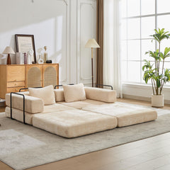 Compression Sofa,Convertible Floor Sofa Bed with Fixed-Shape Frame, Loveseats Boneless Modular Sectional Sofa,No Assembly Required,Chenille fabric,for Living Room Bedroom,Beige