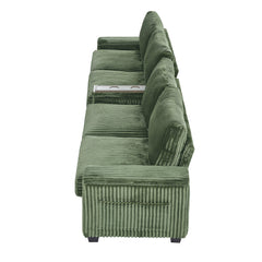 Modern 4-Seater Corduroy Sofa with USB Ports, Hidden Storage Arms, Flip-Top Cup Holders, Green, 133'