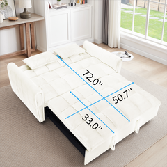 65'3-in-1 foldable large size sofa bed, modern velvet double sofa, sofa bed with adjustable back, storage bag and pillow, suitable for living room, bedroom (beige)