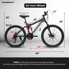 A2460 24 Inch Mountain Bike with Full Suspension, 21 Speed Grip Shifters, High Carbon Steel Frame, Mechanical Disc Brakes, Unisex for Men/Women/ Adults, Ideal for Trails.