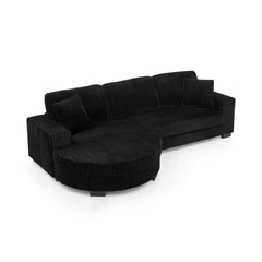 Corduroy Tufted Upholstered Sleeper Sectional Sofa, L-Shaped Modular Convertible Sofa , The arc-shaped footstool can be placed freely on the left and right-Black