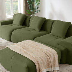 Modern L-Shaped Modular Sectional Sofa in Green Corduroy, 113' Oversized 3-Seater with Deep Seat and Movable Ottoman – No Assembly Required
