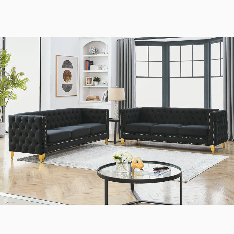 {Contact us for 3D modeling} Velvet Sofa for Living Room,Buttons Tufted Square Arm Couch, Modern Couch Upholstered Button and Metal Legs, Sofa Couch for Bedroom, Black Velvet ,2PCS