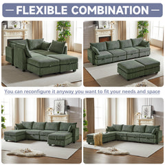 113.5'' Modular Sectiona Corduroy Sofa, Sectional Couches for Living Room U Shaped Sectional Couch with Storage Ottoman, 6 Seats Convertible Sectionals with Chaise