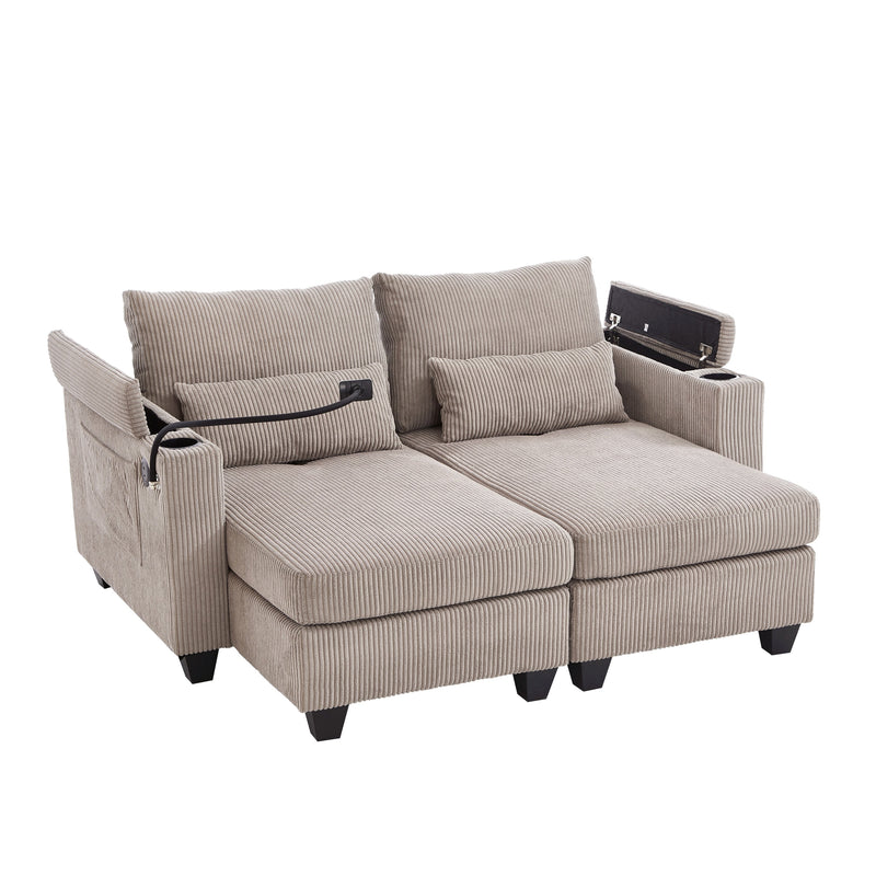 Convertible Chaise Lounge 63' Loveseat Sofa Bed with USB Ports, Cup Holders, Phone Holder, Storage, Brown Corduroy